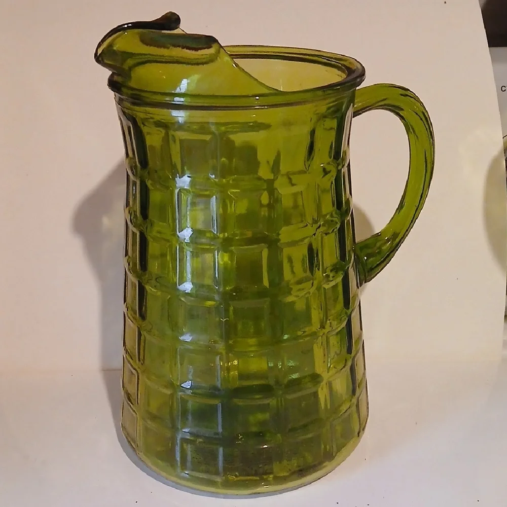 Vintage MCM avacado Green Glass Pitcher Barware